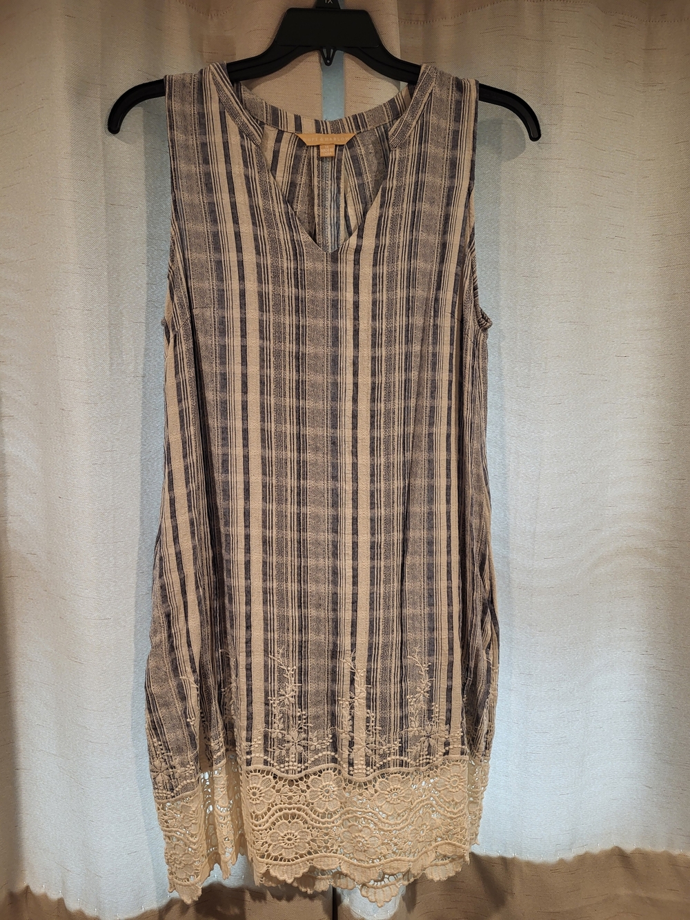 Sleeveless Blue and Cream Striped Tunic with Lace Hem